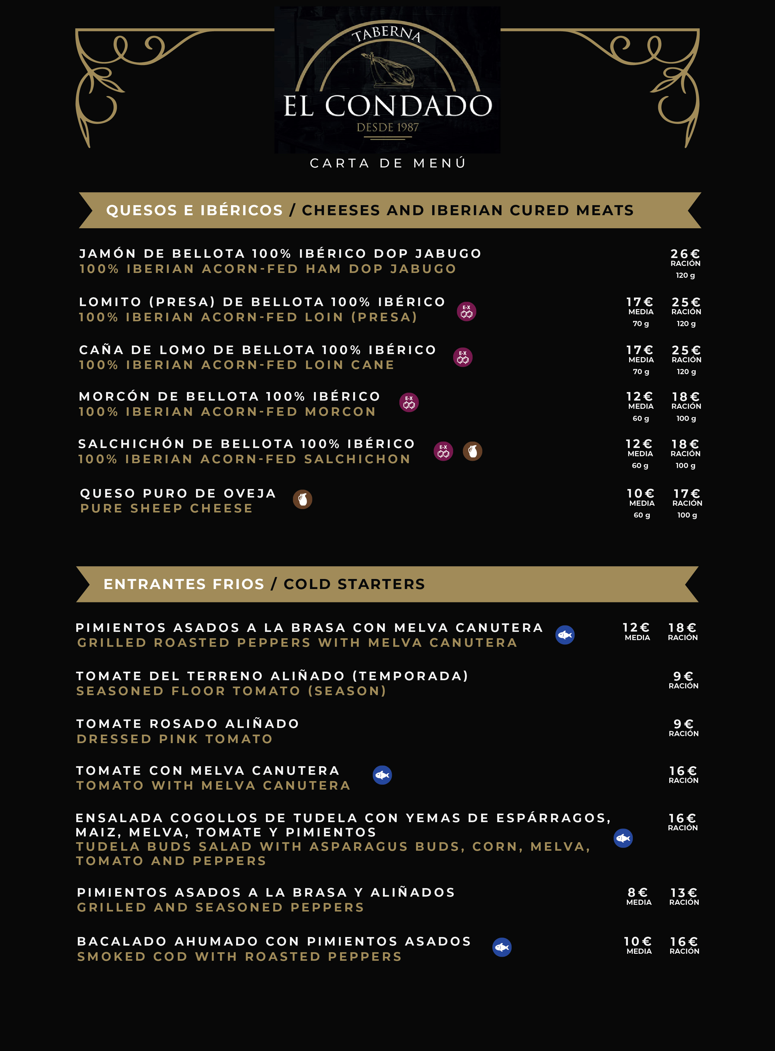 Carta de menú Taberna El Condado