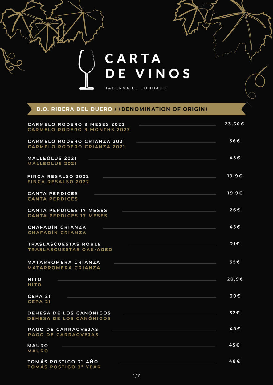 Carta de vinos Taberna El Condado