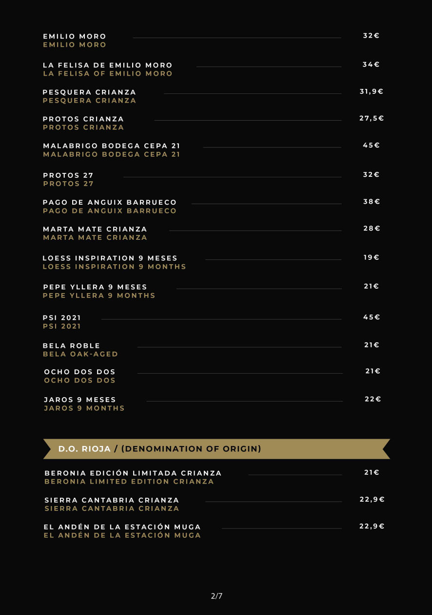 Carta de vinos Taberna El Condado