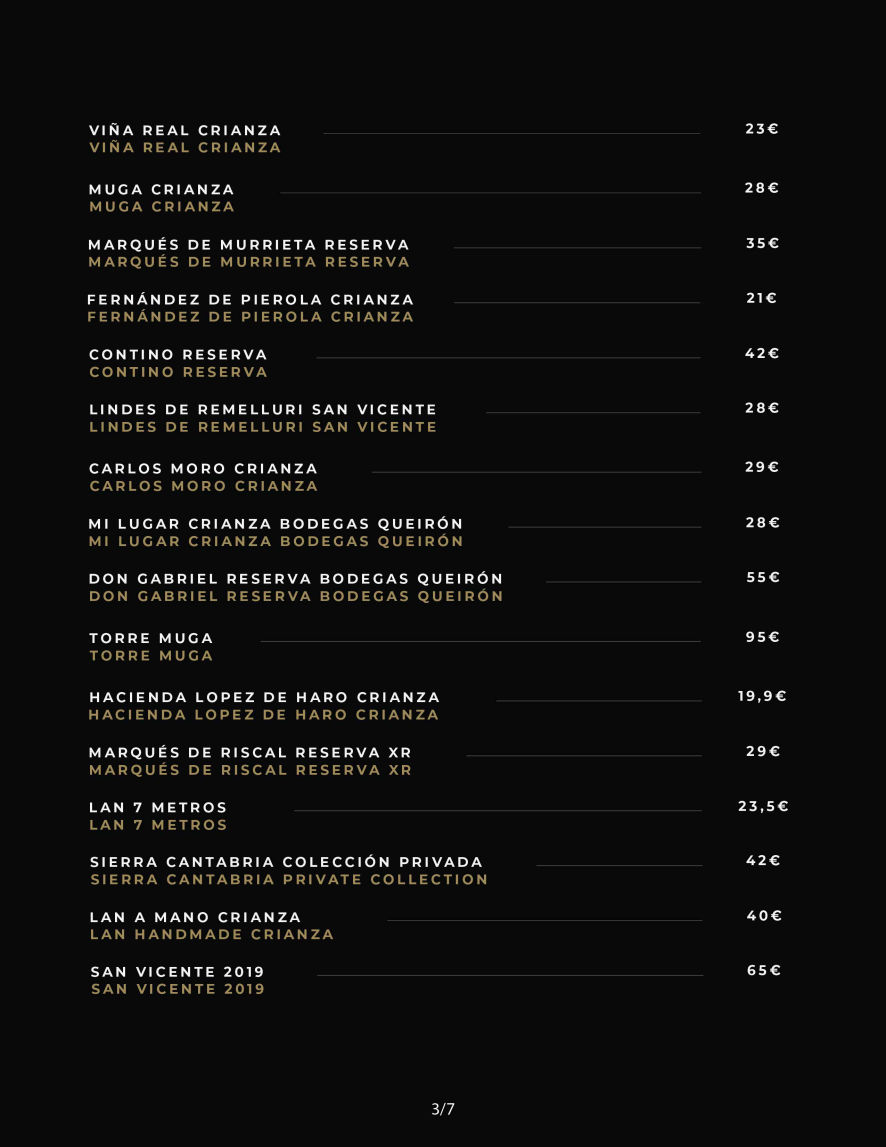 Carta de vinos Taberna El Condado