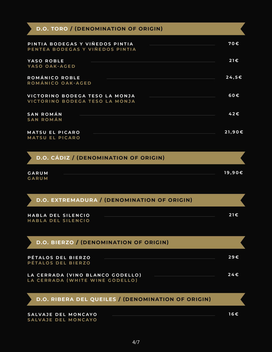 Carta de vinos Taberna El Condado