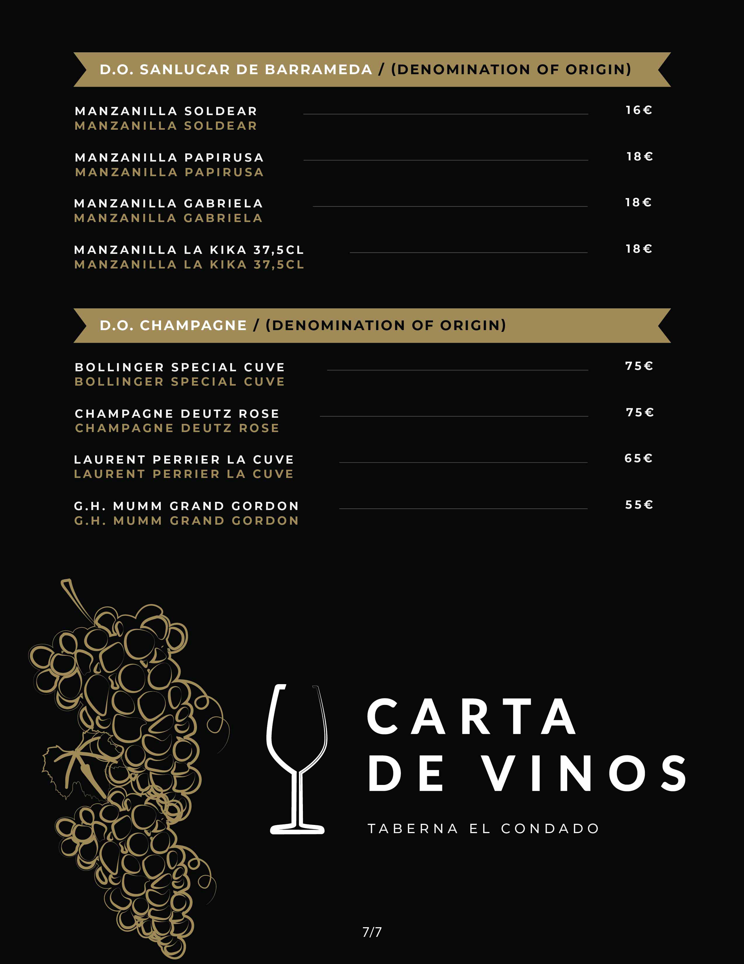 Carta de vinos Taberna El Condado